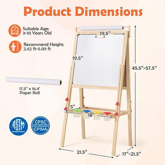 Adjustable Double-sided Easel with 4 Paint Cups-Natutral-0
