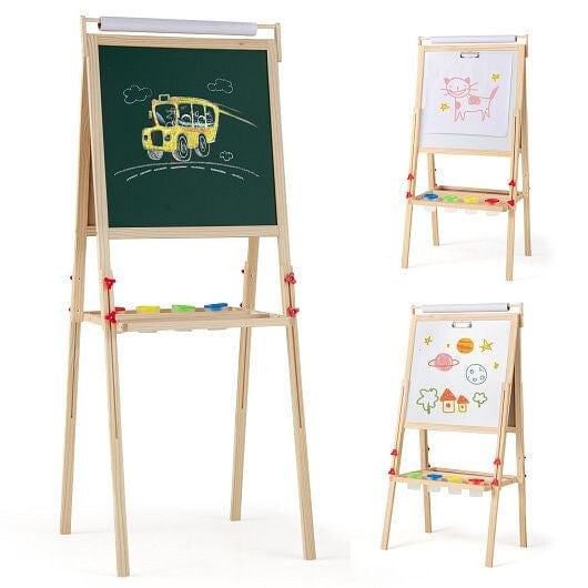 Adjustable Double-sided Easel with 4 Paint Cups-Natutral-4
